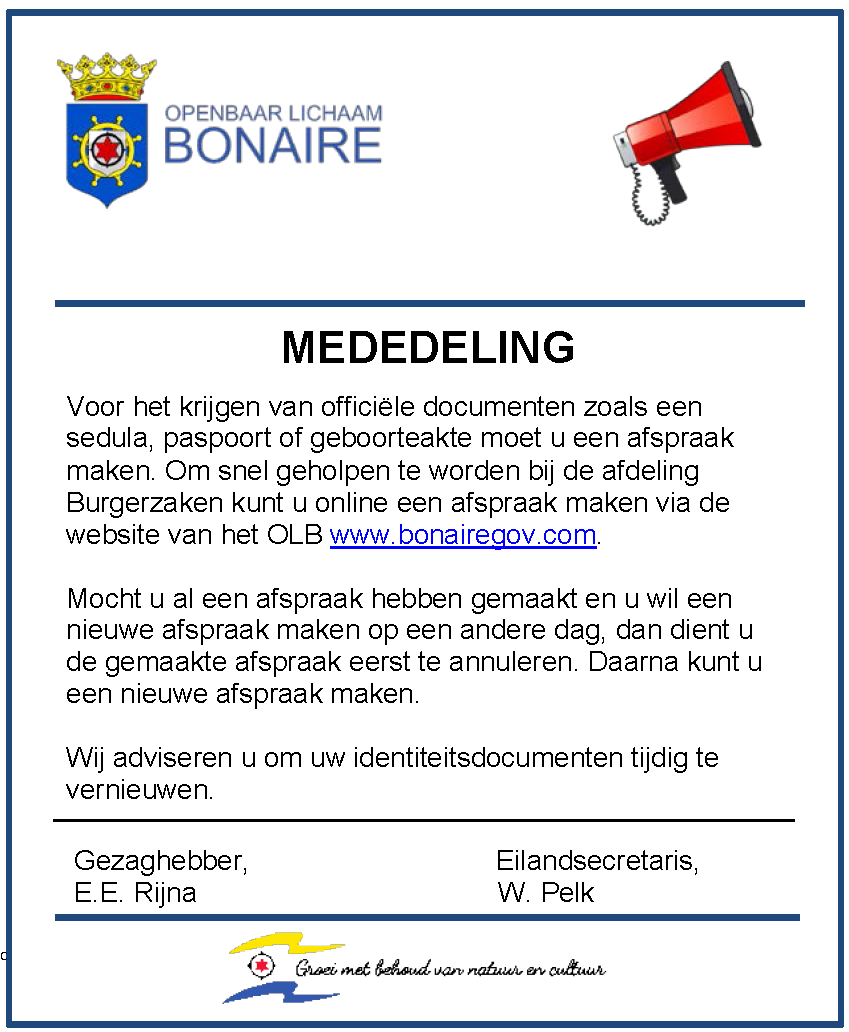 Openbaar Lichaam Bonaire: Mededeling Burgerzaken